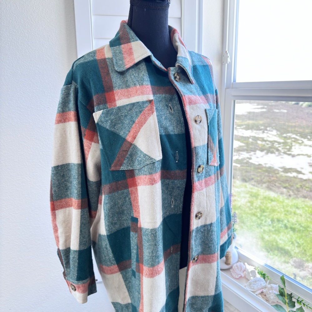 Stitch fix: VIGOSS Size: XS Oversized Teal Green Orange Plaid Shacket Flannel - Picture 8 of 15